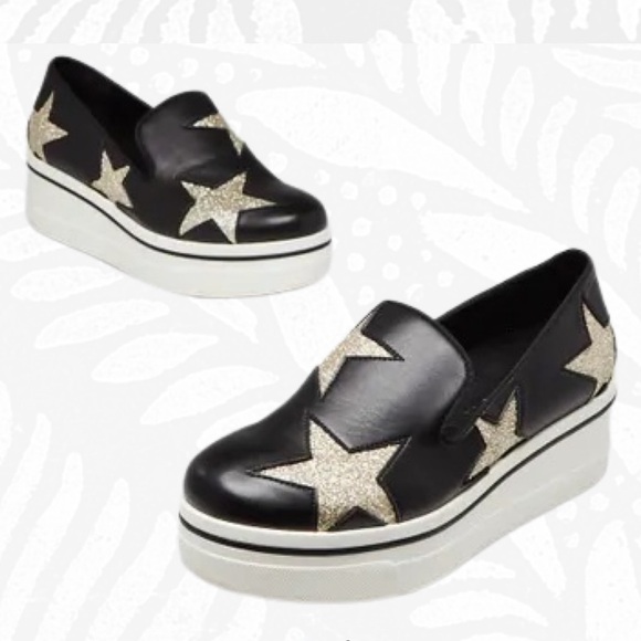 Stella McCartney Black Wedge Sneaker with Gold Stars - Picture 1 of 3